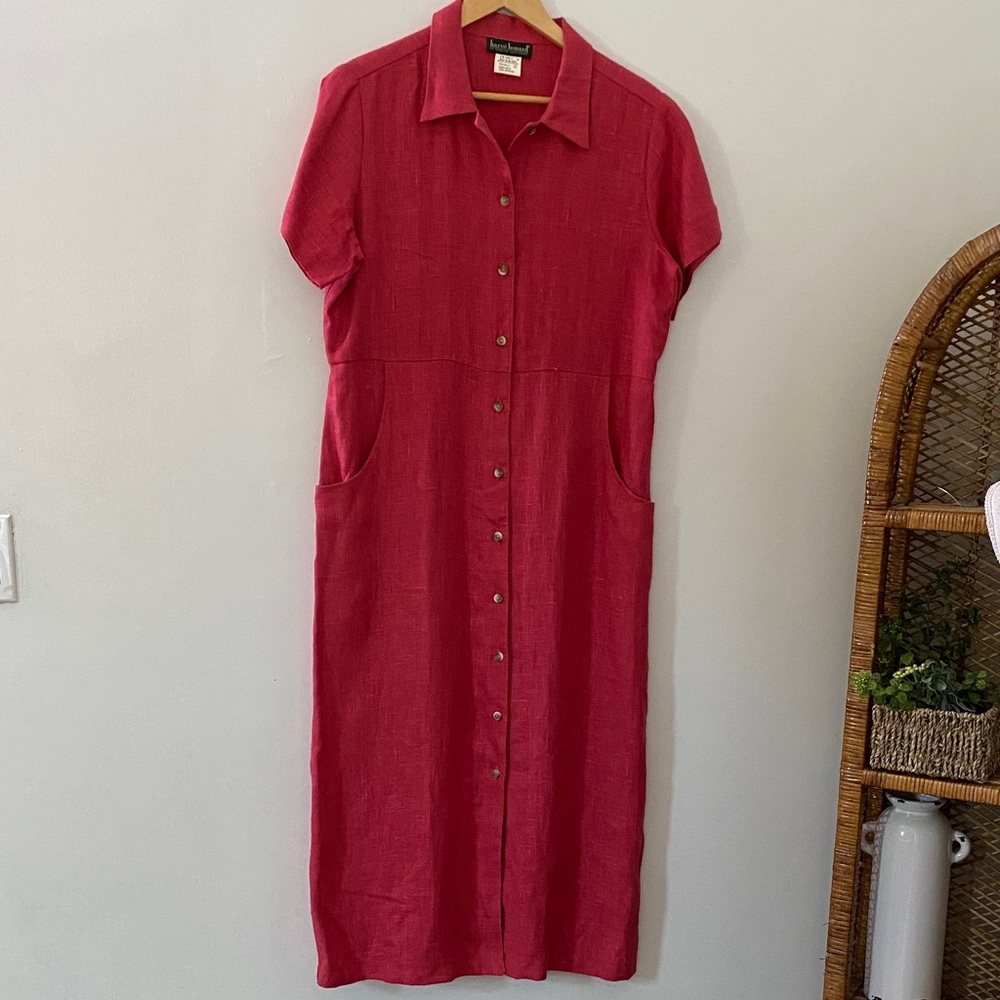 0306 vintage 90’s Harve Benard Maxi linen deep coral Dress button front 12